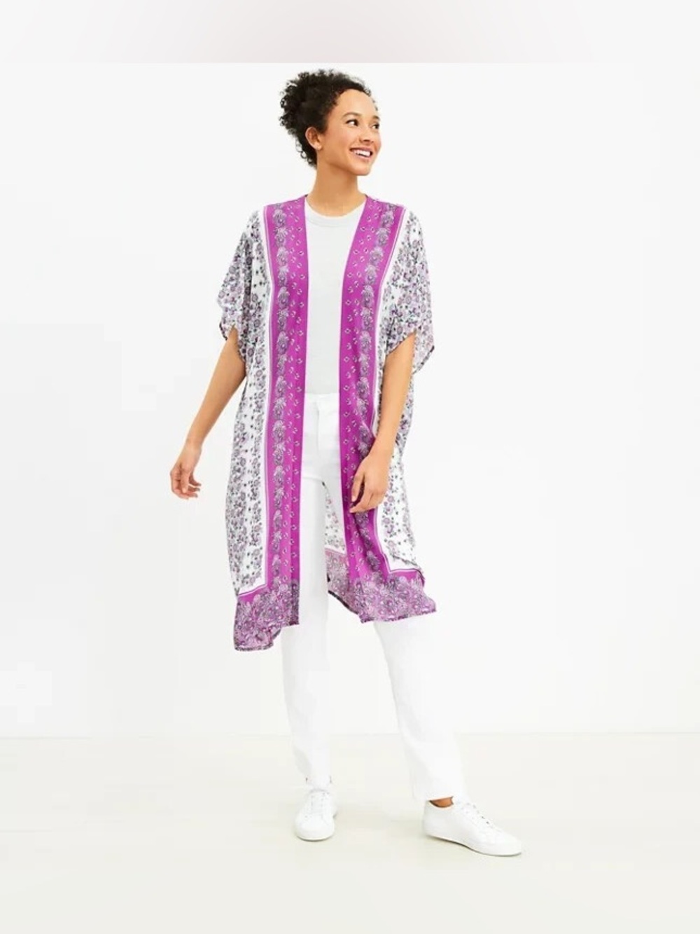 LOFT Fuchsia Floral Kimono Duster M/L Boho Open Front Lightweight‎ Cover Up Wrap - Picture 10 of 10